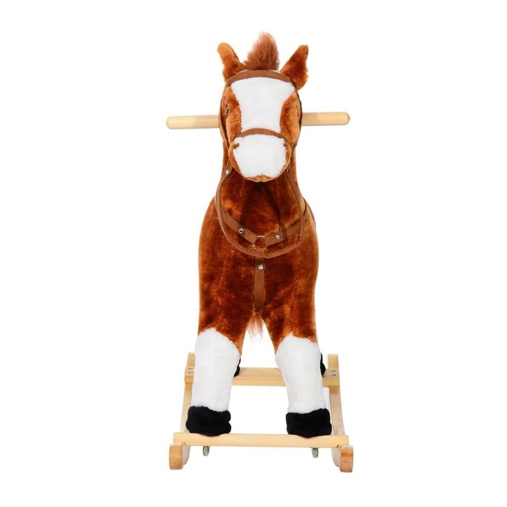 Brown Rocking Plush Horse Toy Pony Wooden Ride Rocker w/ Sound