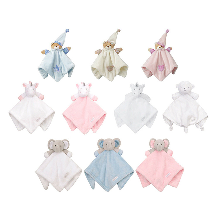 Cute Soothing Soft Comforter Animal Head Doudou Plush Toy Security Blanket Free Logo OEM ODM Baby Gift Carton Dog Customized