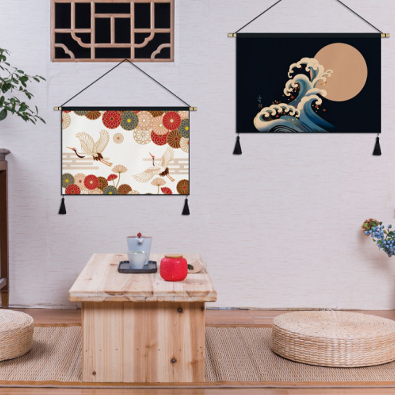 Japanese decorative linen-cotton wall tapestry printed sun, moon and stars flower wall art wedding decoration tapestry