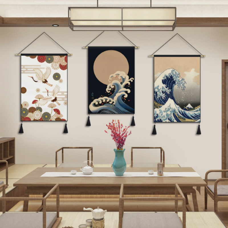 Japanese decorative linen-cotton wall tapestry printed sun, moon and stars flower wall art wedding decoration tapestry