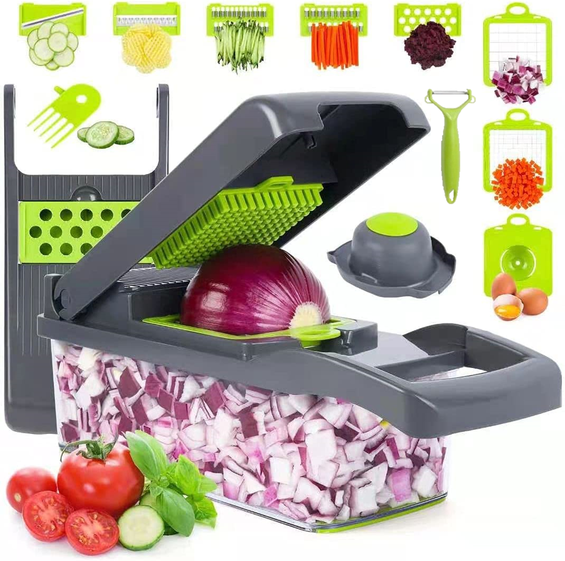 13 in 1  Multi-Purpose Vegetable Chopper | Multifunctional Chopper, Fruit and food Slicer, Dicer, Cutter Clear Green