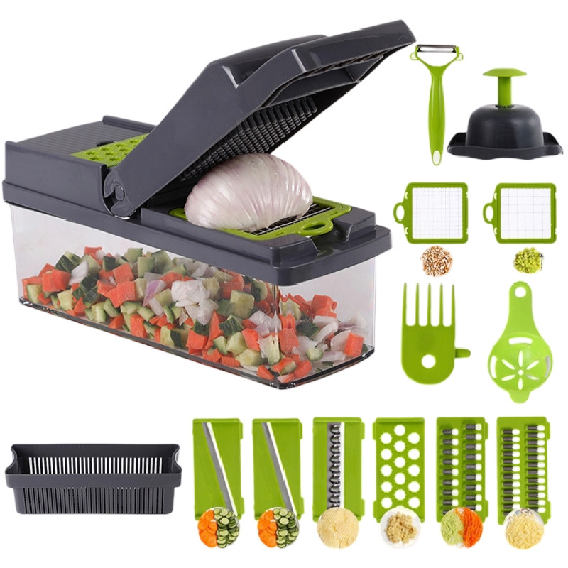 14 in 1 Stainless Steel Vegetable Chopper With Contain Multifunctional Chopper, Fruit and food Slicer, Dicer, Cutter Clear Green