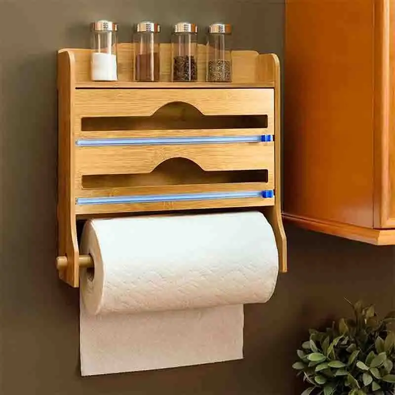 Kitchen 2 in 1 Roll Organizer Holder Plastic Wrap Dispenser Storage with Cutter Bamboo Wood Aluminum Foil and Wax Paper