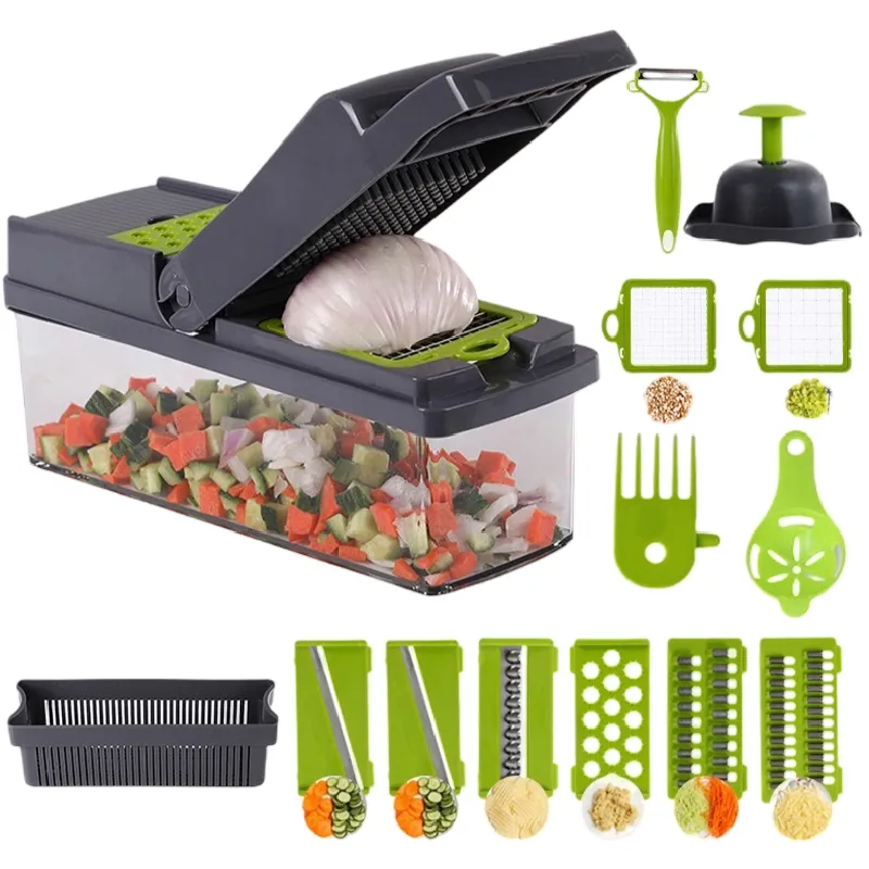 16 in 1 Stainless Steel Vegetable Chopper With Contain Multifunctional Chopper, Fruit and food Slicer, Dicer, Cutter Clear Green