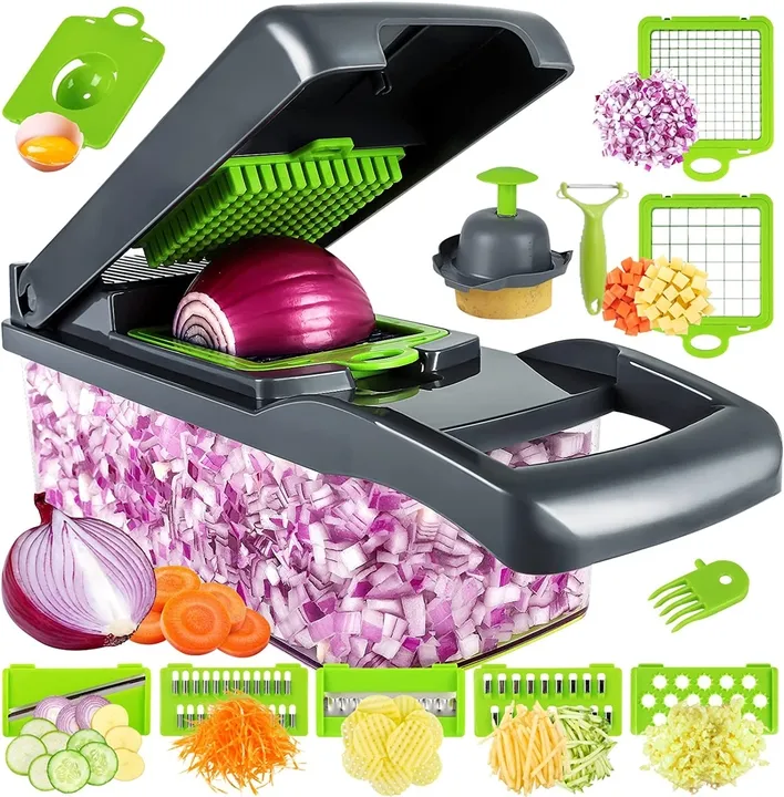 16 in 1 Stainless Steel Vegetable Chopper With Contain Multifunctional Chopper, Fruit and food Slicer, Dicer, Cutter Clear Green