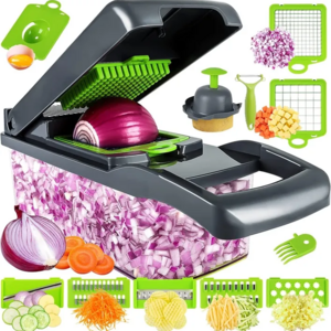 16 in 1 Stainless Steel Vegetable Chopper With Contain Multifunctional Chopper, Fruit and food Slicer, Dicer, Cutter Clear Green