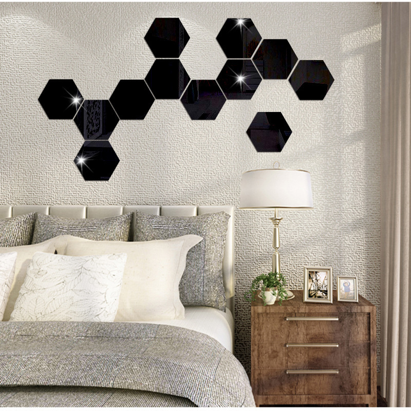 12pcs/Set Decorative Acrylic On Tile Wall Sticker Hexagon Self Adhesive Living Room Art Decor Stick On Mirrors