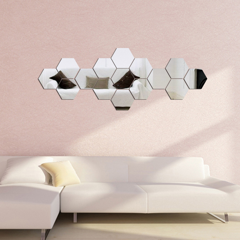 12pcs/Set Decorative Acrylic On Tile Wall Sticker Hexagon Self Adhesive Living Room Art Decor Stick On Mirrors