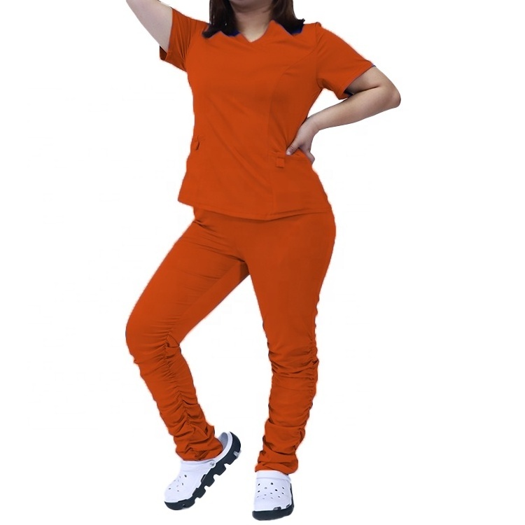 Dropshipping Scrubs for Nurse Anti-wrinkle 2 Pockets Nurse Tops Stack Leg Joggers Stretchy Women Stacked Scrub Suit