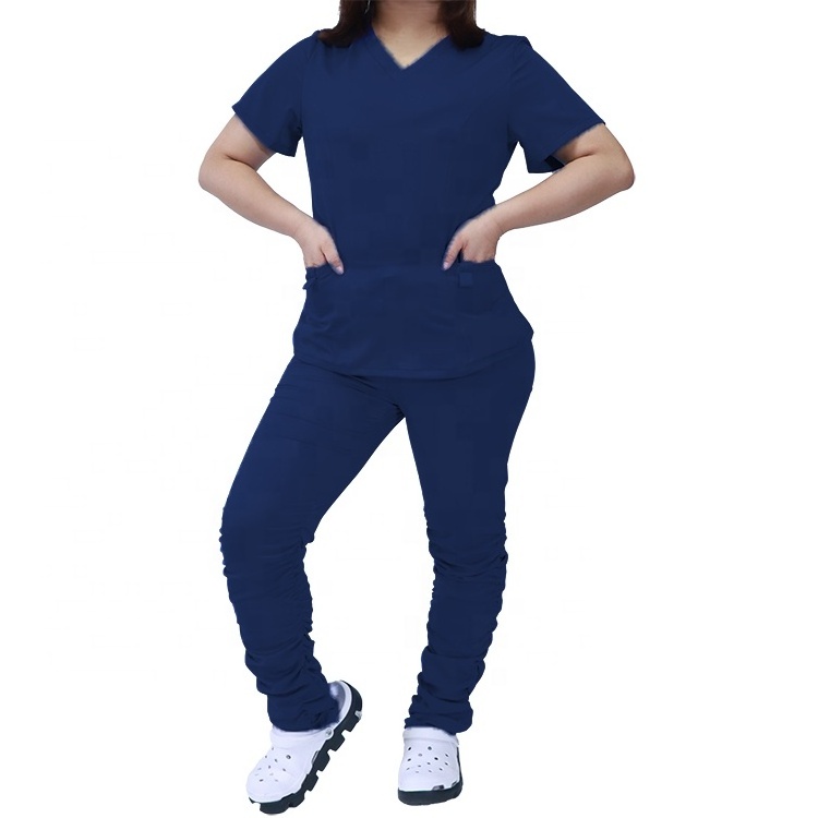 Dropshipping Scrubs for Nurse Anti-wrinkle 2 Pockets Nurse Tops Stack Leg Joggers Stretchy Women Stacked Scrub Suit