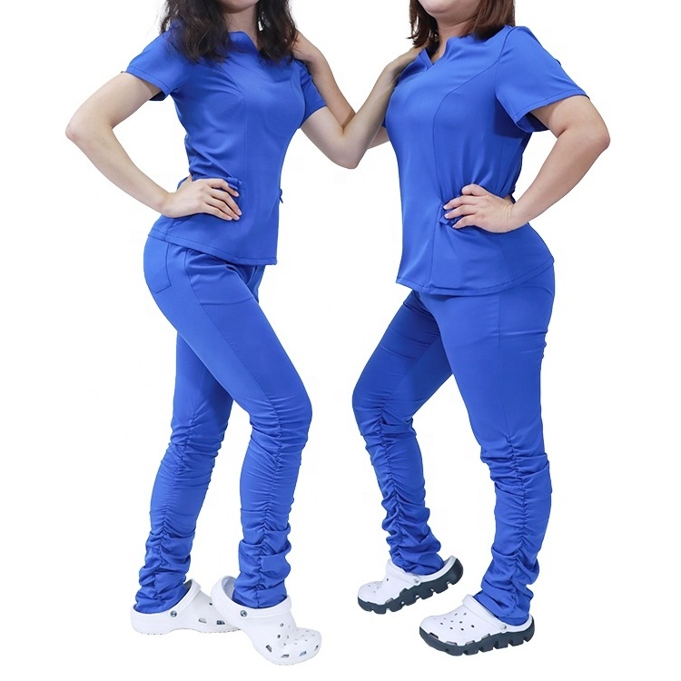 Dropshipping Scrubs for Nurse Anti-wrinkle 2 Pockets Nurse Tops Stack Leg Joggers Stretchy Women Stacked Scrub Suit