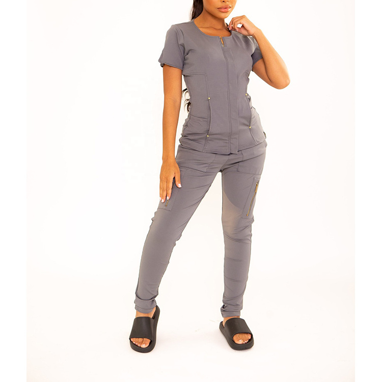 Fashionable scrubs set chef uniform zipper short black workwear scurbs two piece nursing uniforms