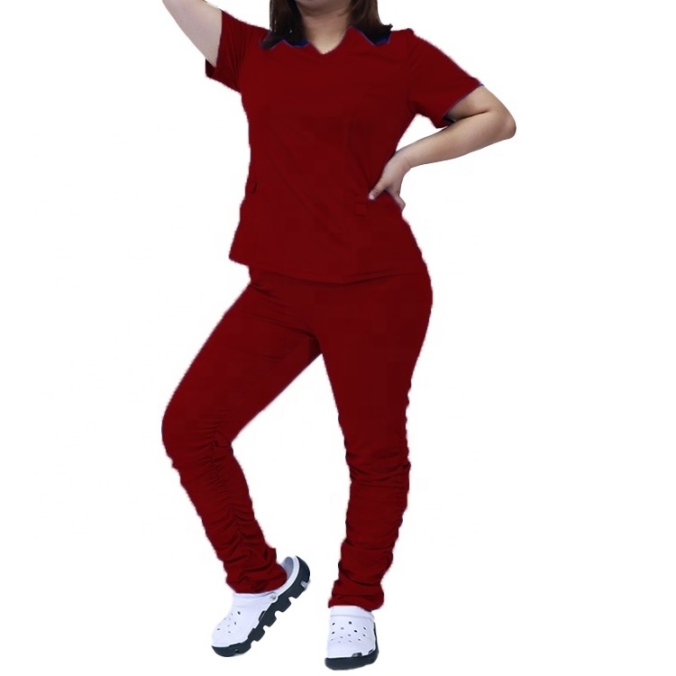 Dropshipping Scrubs for Nurse Anti-wrinkle 2 Pockets Nurse Tops Stack Leg Joggers Stretchy Women Stacked Scrub Suit