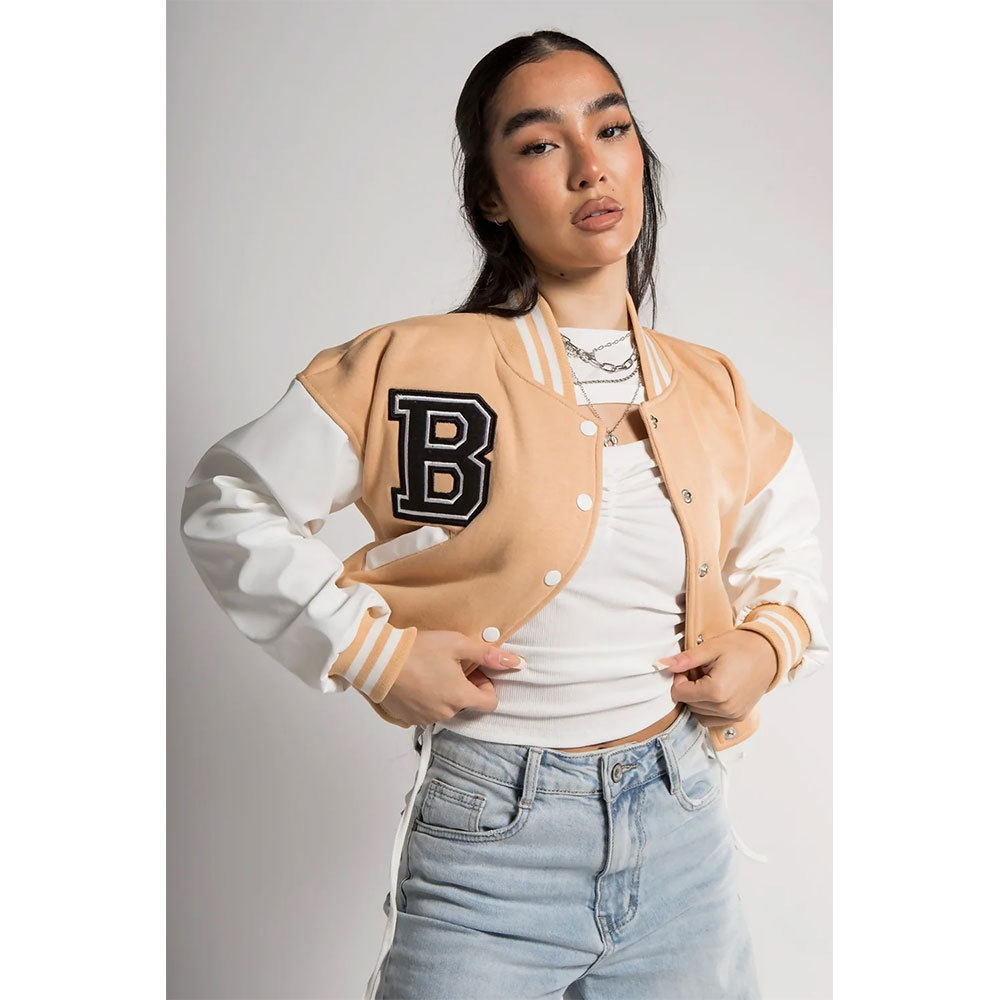 OEM Wholesales Custom Logo Patchwork Long Sleeve Women Baseball Cropped Jackets College Ladies Cropped Varsity Jackets