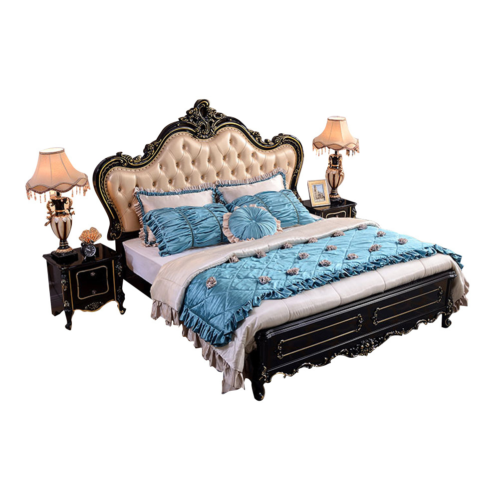 Antique European Royal Style Luxury Bed Double Wooden Princess Bed King Size Soild Wood Leather Bed