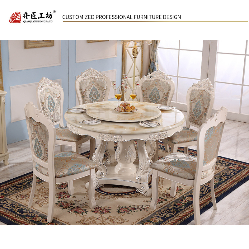 European Style Carved Wood Tables Dining Round Dining Table With Rotating Centre Marble Dining Set