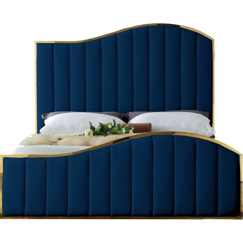 High headboard wood platform bed frame Polyester Upholstered velvet fabric bed full size gold stainless steel frame leather bed