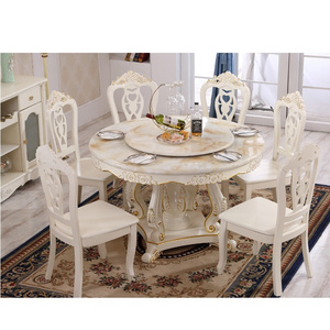 European Style Carved Wood Tables Dining Round Dining Table With Rotating Centre Marble Dining Set