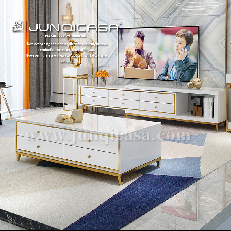 Living Room Metal Furniture Sets MDF TV Stand Cabinet with Coffee Table Black with White Color