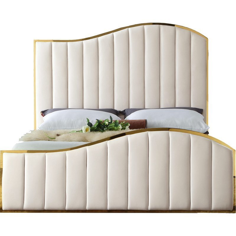 High headboard wood platform bed frame Polyester Upholstered velvet fabric bed full size gold stainless steel frame leather bed