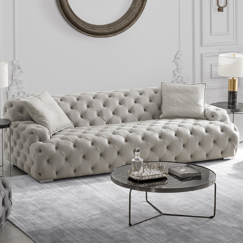 Luxury living room tufted button sofas store salon I shape leather waiting sofa lounge Velvet Fabric Chesterfield floor couch