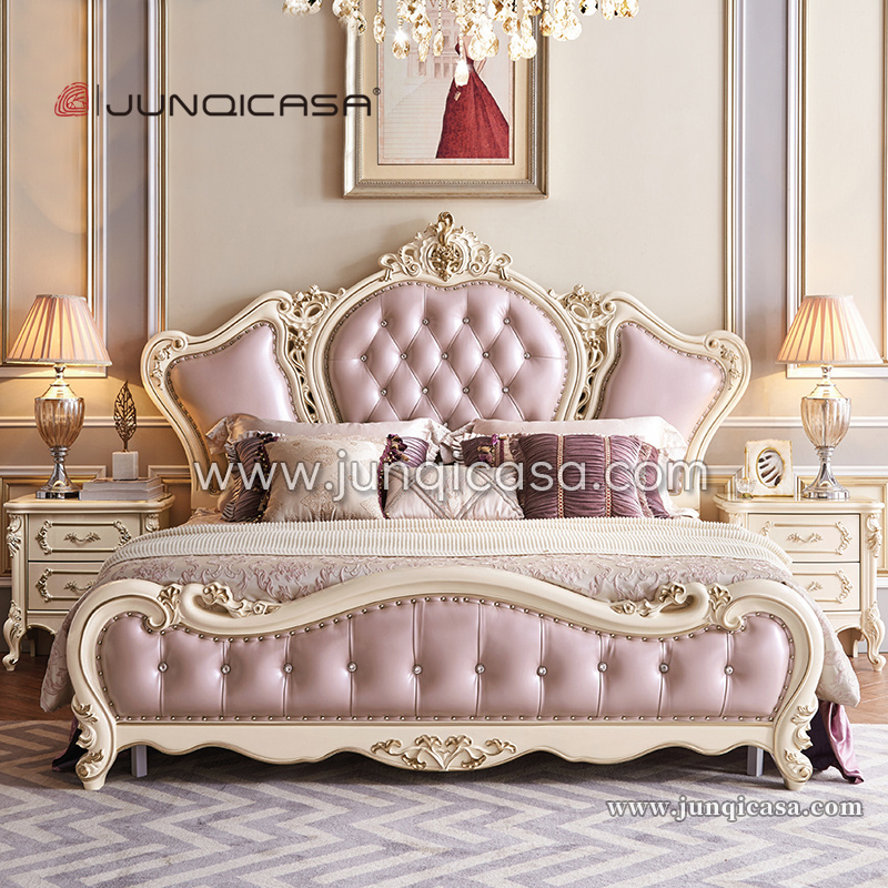 Luxury European Design Bedroom furniture Leather tufted king size Bed solid wood carved Bed Frame diamond button high back bed