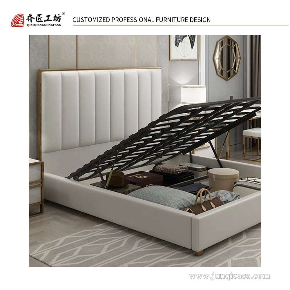 Top grain half leather bed in queen size very cheap furniture solid wood frame modern design bed for home and hotel