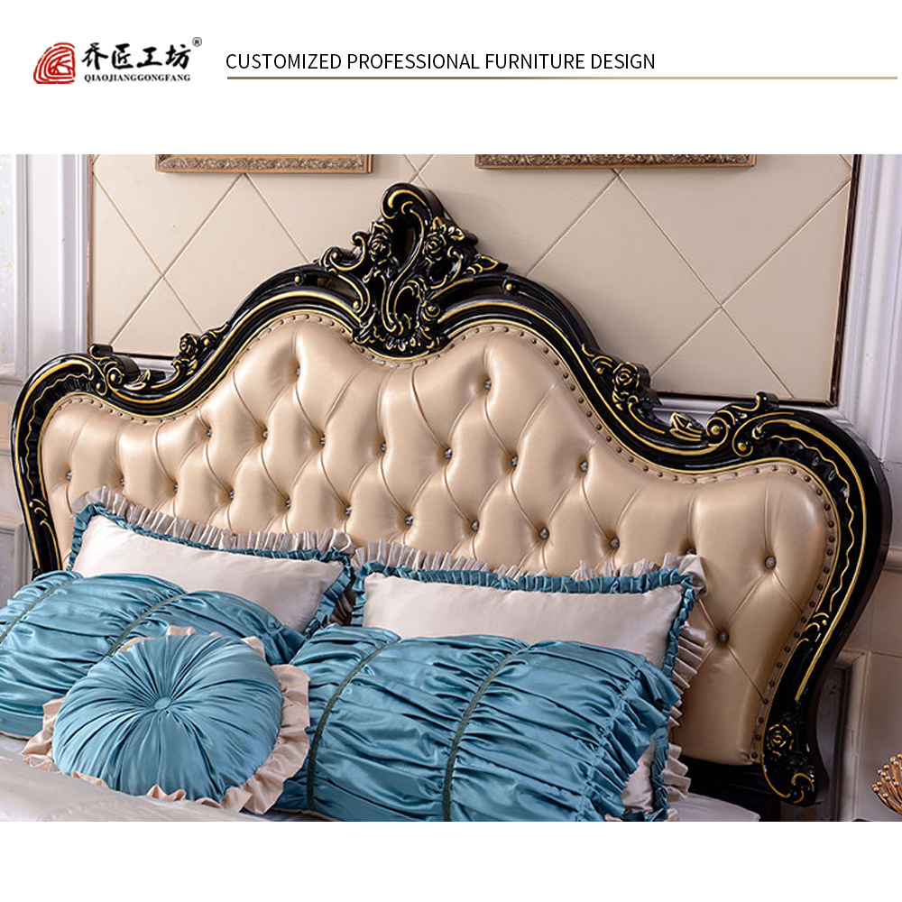 Antique European Royal Style Luxury Bed Double Wooden Princess Bed King Size Soild Wood Leather Bed