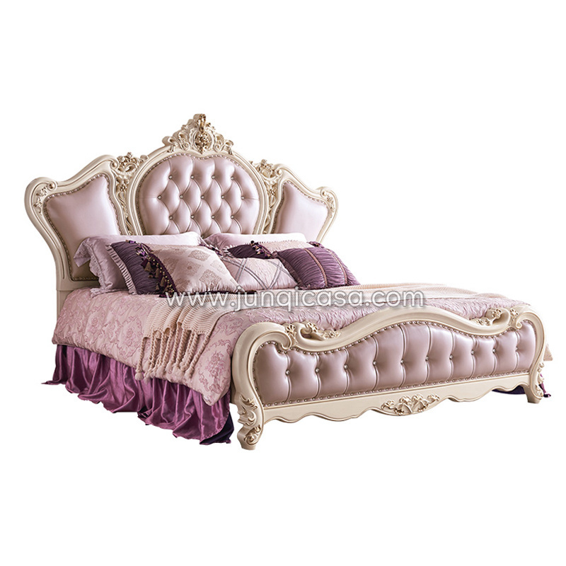 Luxury European Design Bedroom furniture Leather tufted king size Bed solid wood carved Bed Frame diamond button high back bed