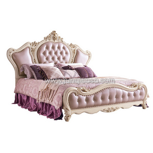 Luxury European Design Bedroom furniture Leather tufted king size Bed solid wood carved Bed Frame diamond button high back bed