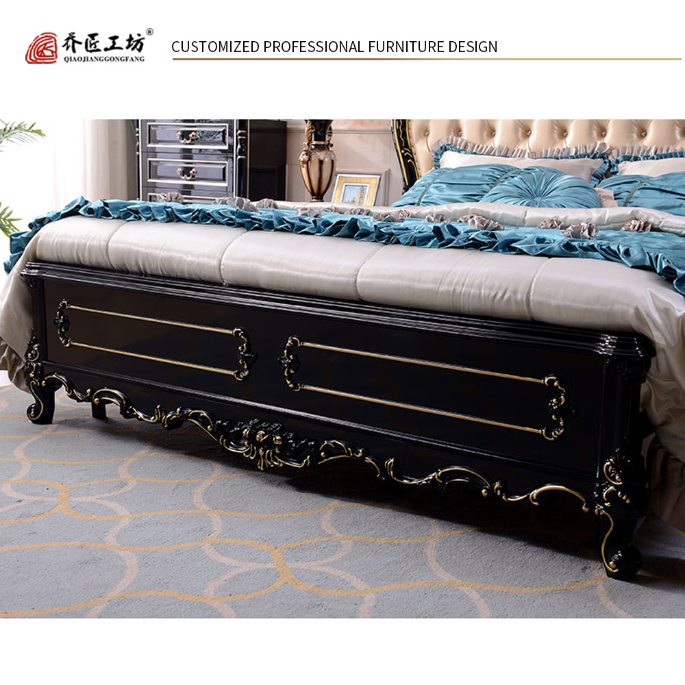 Antique European Royal Style Luxury Bed Double Wooden Princess Bed King Size Soild Wood Leather Bed