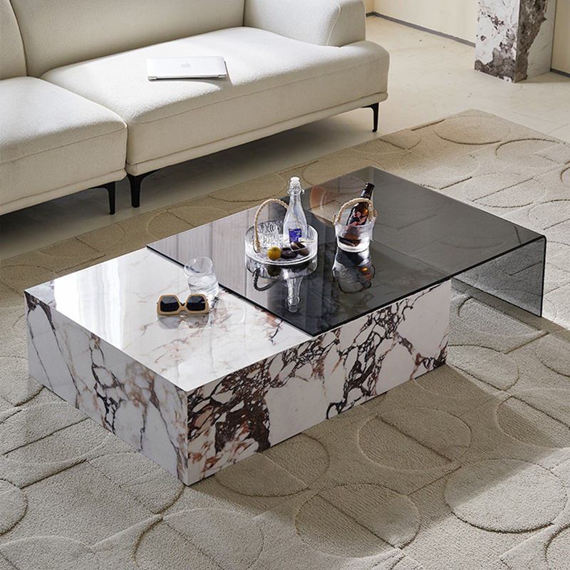 Italian minimalist white artificial marble side tea table extendable square stone coffee table glass nesting center table