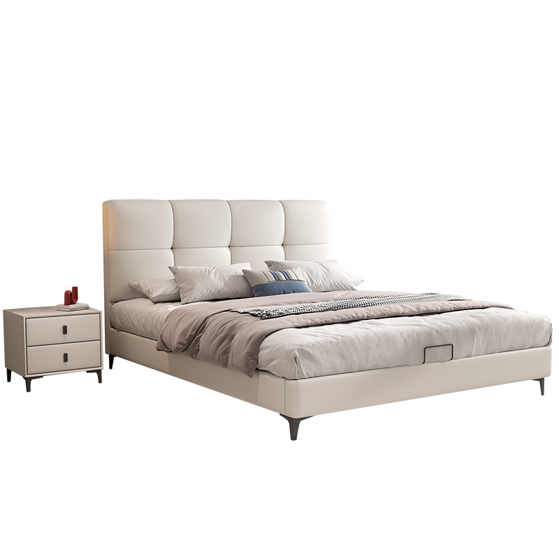 Simple design bedroom furniture wood frame metal feet upholstered bed white leather padding bed full size tufted headboard bed