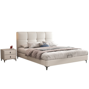 Simple design bedroom furniture wood frame metal feet upholstered bed white leather padding bed full size tufted headboard bed