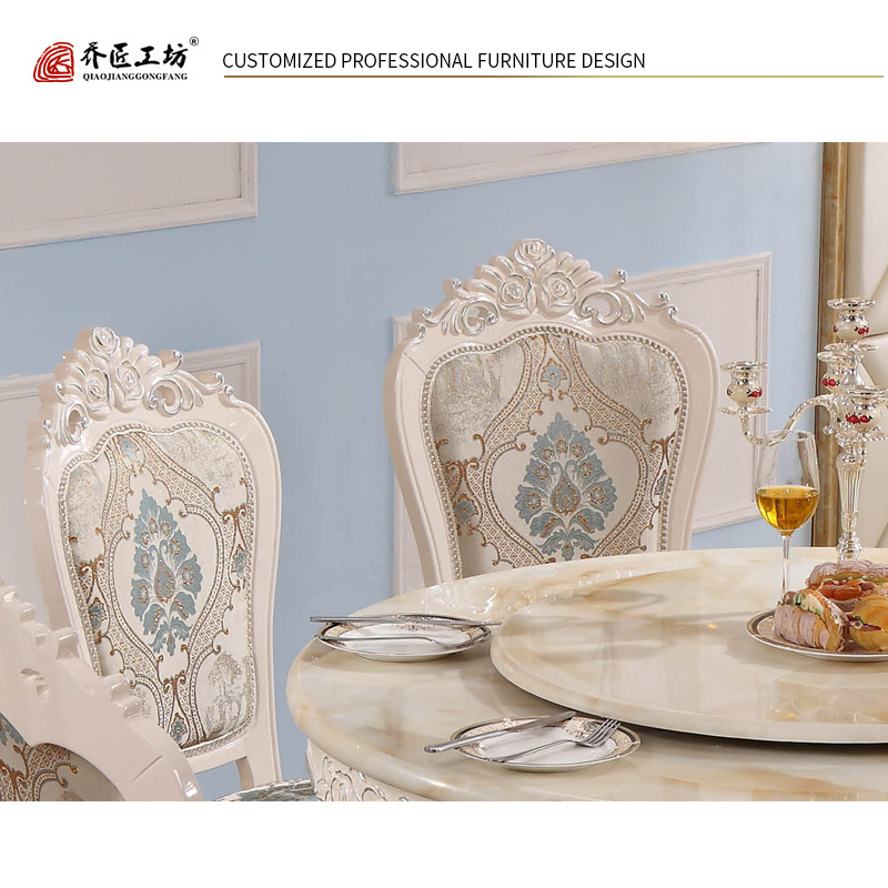 European Style Carved Wood Tables Dining Round Dining Table With Rotating Centre Marble Dining Set