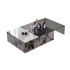 Italian minimalist white artificial marble side tea table extendable square stone coffee table glass nesting center table