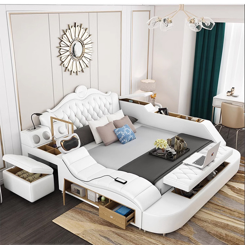 Factory Wholesale Modern Leather Wood Bed Bedroom Furniture Multifunctional Smart Bed With Storage