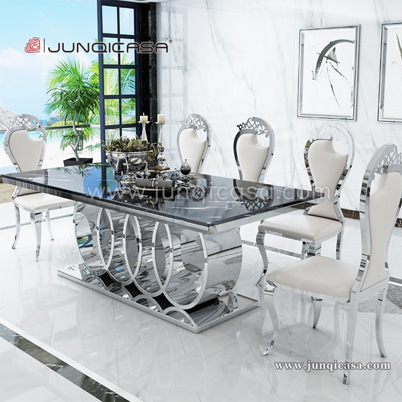 Hot Sale Dining Set Design Table And 6 Chairs Marble Large Dining Room Furniture With Stainless Steel Base