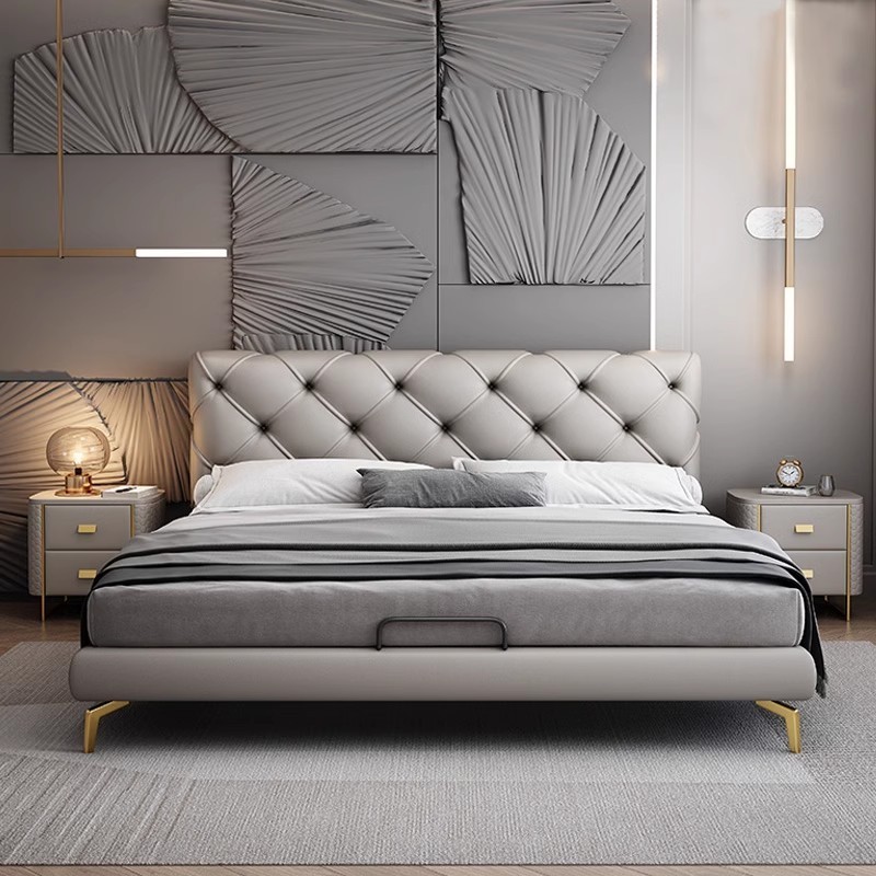 Newest Leather Upholstered Platform bed king size queen upholstered Bunk bed bedroom furniture set grey leather Tufted Bed