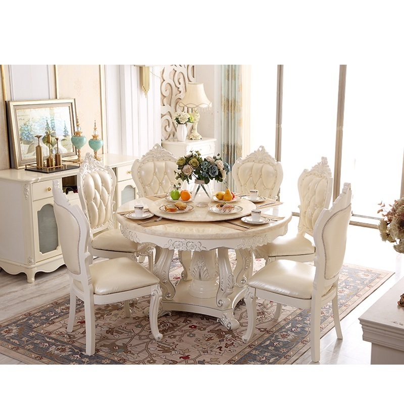 European Style Carved Wood Tables Dining Round Dining Table With Rotating Centre Marble Dining Set