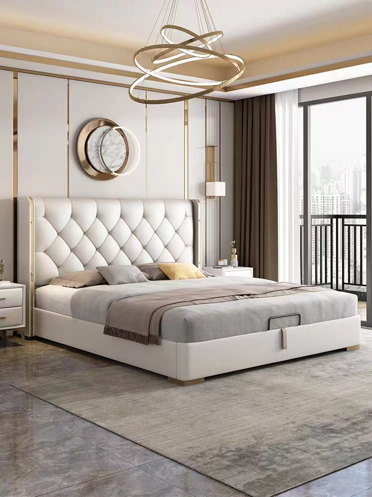 2023 bedroom furniture sets king queen size storage bed with Upholstered Headboard full size white high gloss bedroom set