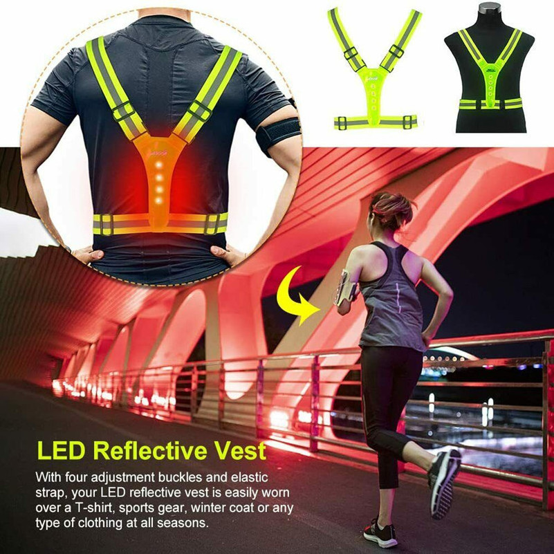 High Visibility Bike Motorcycle LED Chest Safety Vest with Flashlight LED Reflective Vest Belt for Safety USB Rechargeable