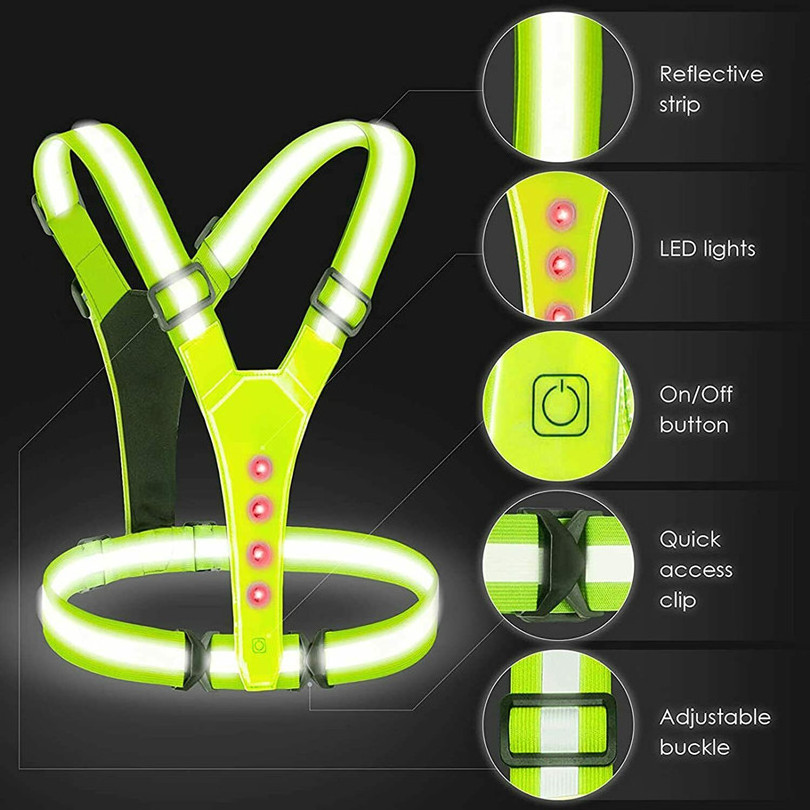 High Visibility Bike Motorcycle LED Chest Safety Vest with Flashlight LED Reflective Vest Belt for Safety USB Rechargeable