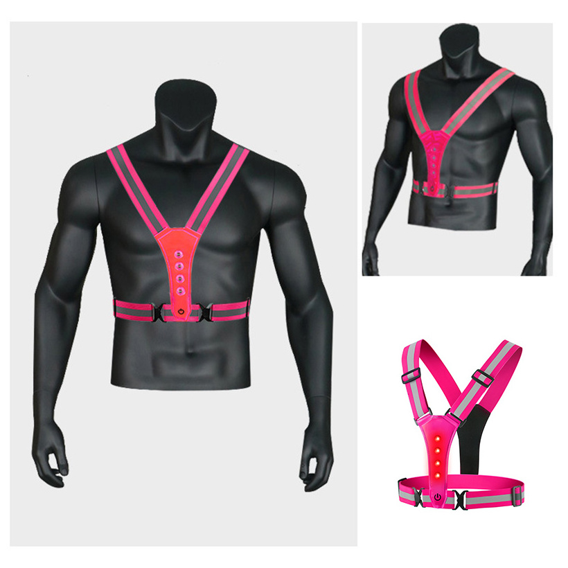 High Visibility Bike Motorcycle LED Chest Safety Vest with Flashlight LED Reflective Vest Belt for Safety USB Rechargeable