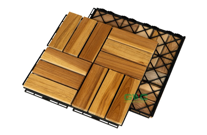 Teak Interlocking Deck Tile for Outdoor Furniture Size 30x30 cm DIY Install without tools wood deck tile patio balcony