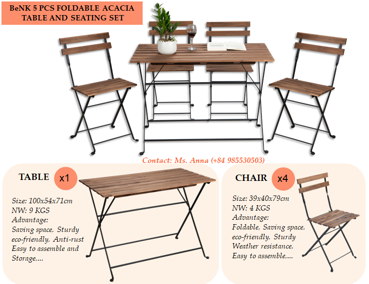 BeNK 5 PCS FOLDABLE TABLE AND CHAIRS/HIGH-QUALITY  ACACIA WOOD GARDEN SET/ CHEAP OUTDOOR FURNITURE FROM VIETNAM