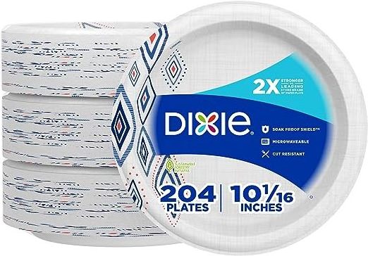 Dixie 10 Inch Paper Plates, Dinner Size Printed Disposable Plate, 204 Count (3 Packs of 68 Plates)