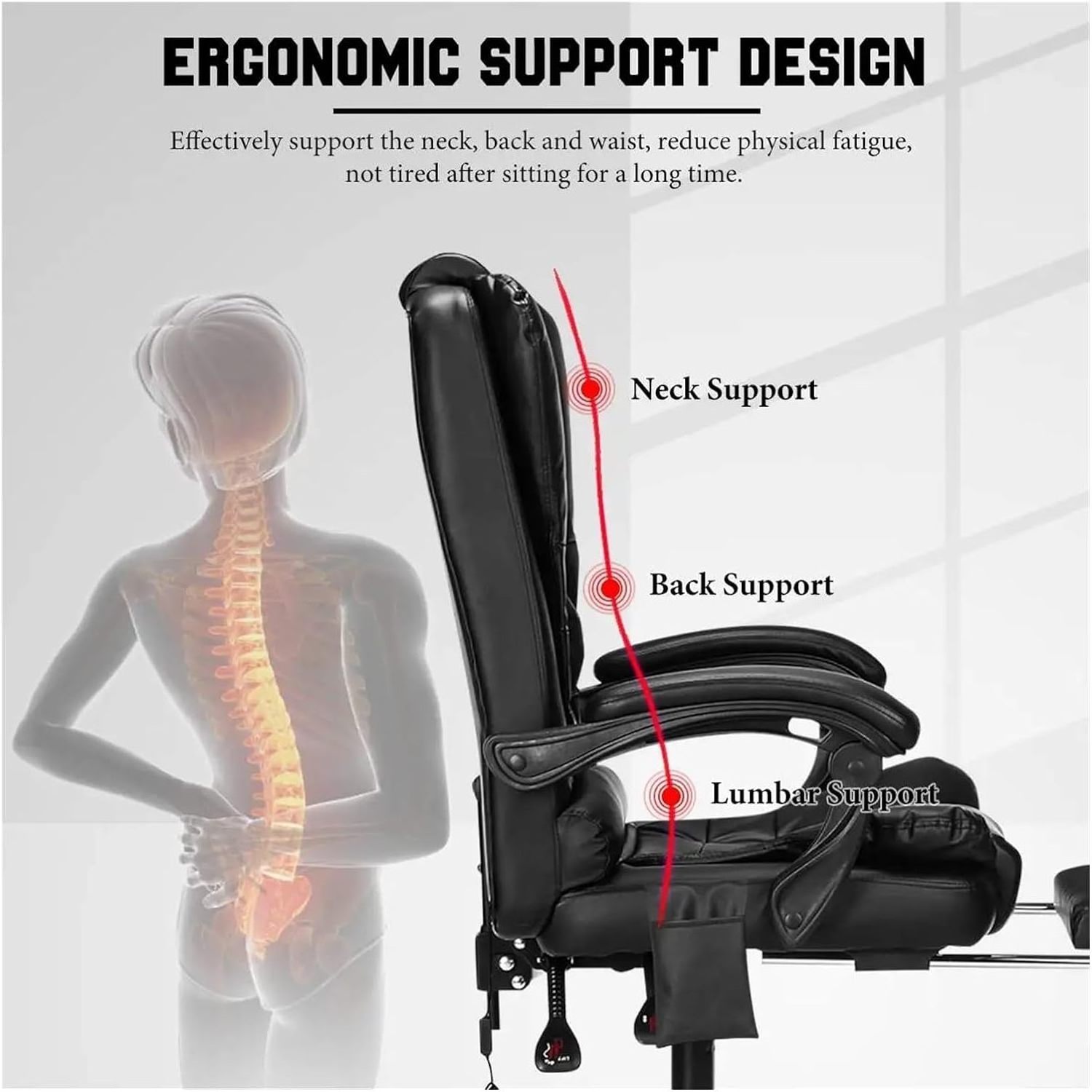 Adjustable Executive Massage Office Chair Reclining High Back Big Tall Leather Ergonomic Swivel Task Chair with Footrest