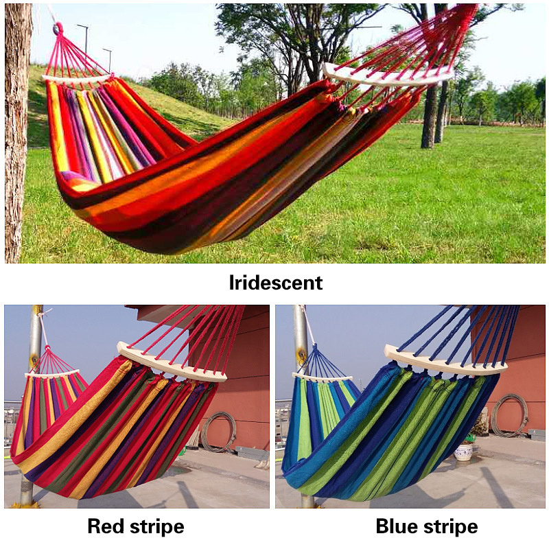 Outdoor Brazilian Hamaca Canvas Cotton Travel Hammocks Beach Swing Bed with Hardwood Spreader Bar Suspended Tree Hammock