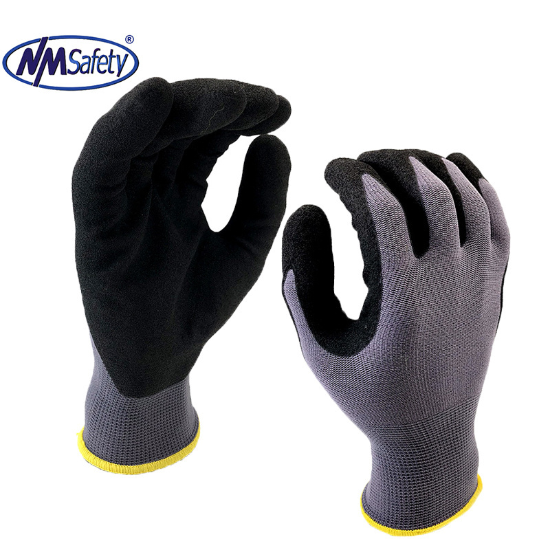 NMSAFETY Spandex Nylon Work Gloves Sandy Nitrile Palm Coated Gloves Firm Grip Gloves Customizable